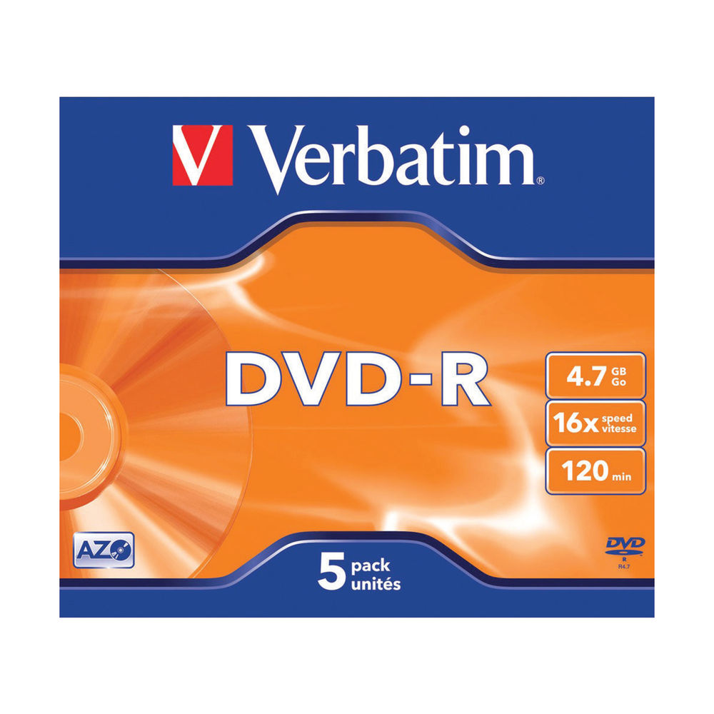 Verbatim 4.7GB 16x Speed DVD-R Jewel Case, Pack of 5 | 43519