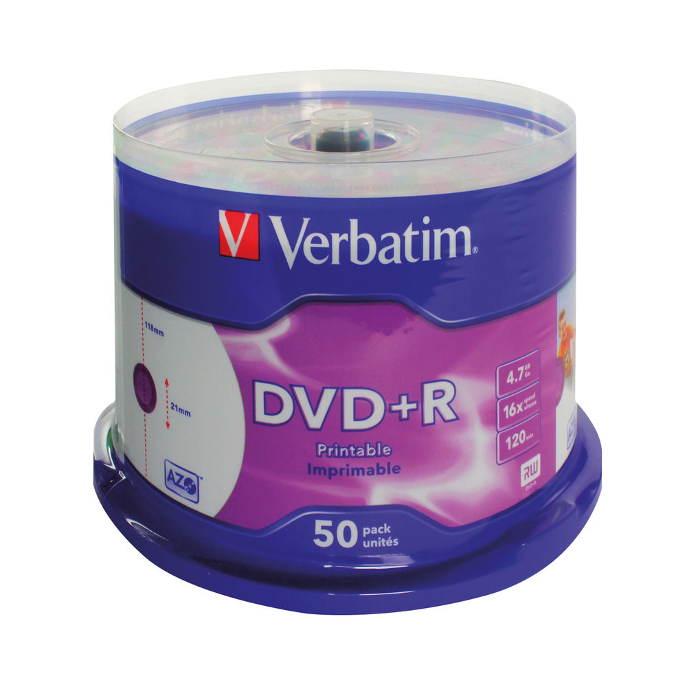 Verbatim 4.7GB 16x Speed Printable DVD+R Spindle, Pack of 50 | 43512