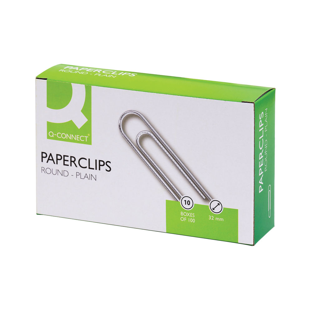 Q-Connect Paperclips Plain 32mm 100 Per Box (10 Pack) KF01314Q
