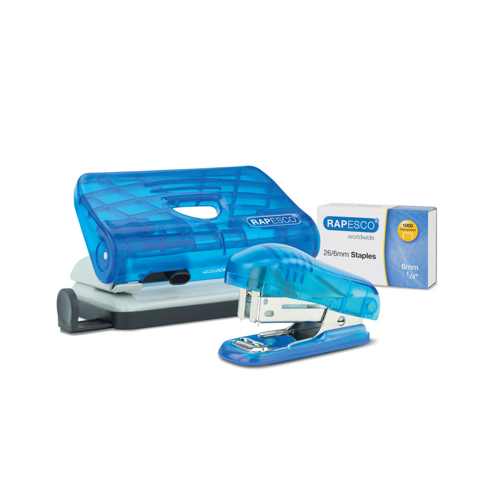 Rapesco 2 Hole Punch Mini Stapler and 26/6mm Staples Set Transparent Blue