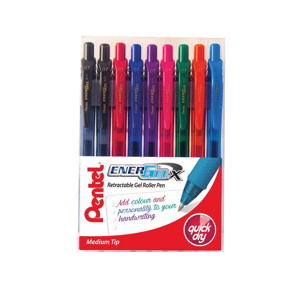 Pentel EnerGel X Assorted Retractable Rollerball Pens, Pack of 9 - YBL107/9-MIX