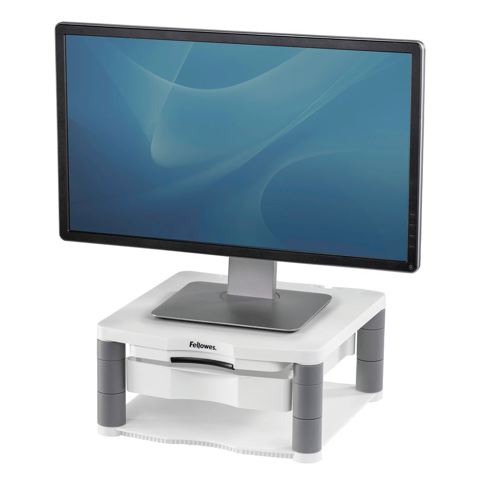 Fellowes Premium Monitor Riser Plus with Storage Drawer and Built In Copyholder White 9171302