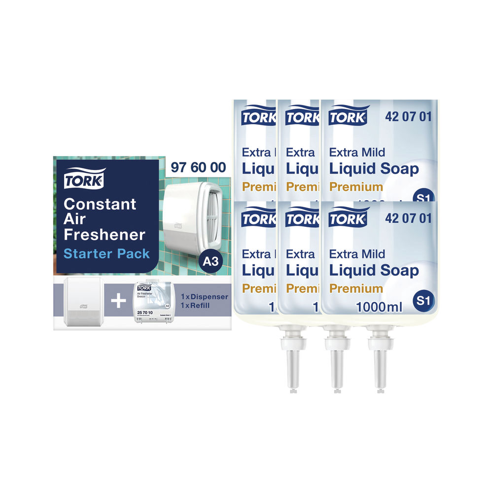 Tork Extra Mild Liquid Soap Refill S1 Non Perfumed 1L (Pack of 6) + FREE Air Freshener Pack