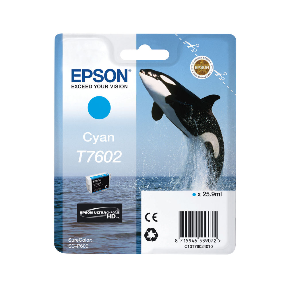 Epson T7602 Ink Cartridge Ultra Chrome HD Killer Whale Cyan C13T76024010