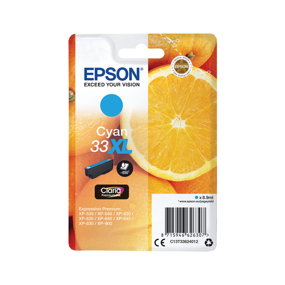 Epson 33XL Ink Cartridge Claria Premium High Yield Oranges Cyan C13T33624012