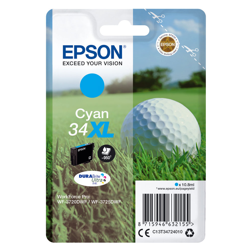 Epson 34XL Ink Cartridge DURABrite Ultra High Yield Golf Ball Cyan C13T34724010