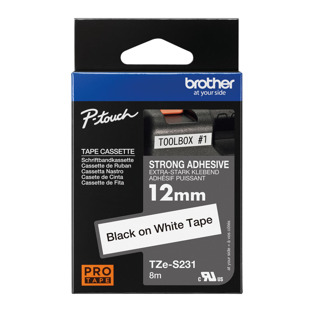 Brother TZe 12mm Black on White Strong Adhesive Labelling Tape - TZES231