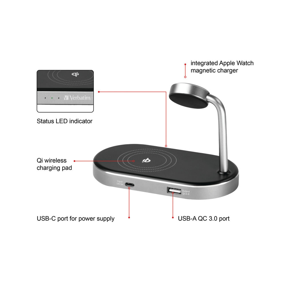 Verbatim WCS-02 Aluminium 3-in-1 Qi MFi Wireless + Apple Watch + QC 3.Station