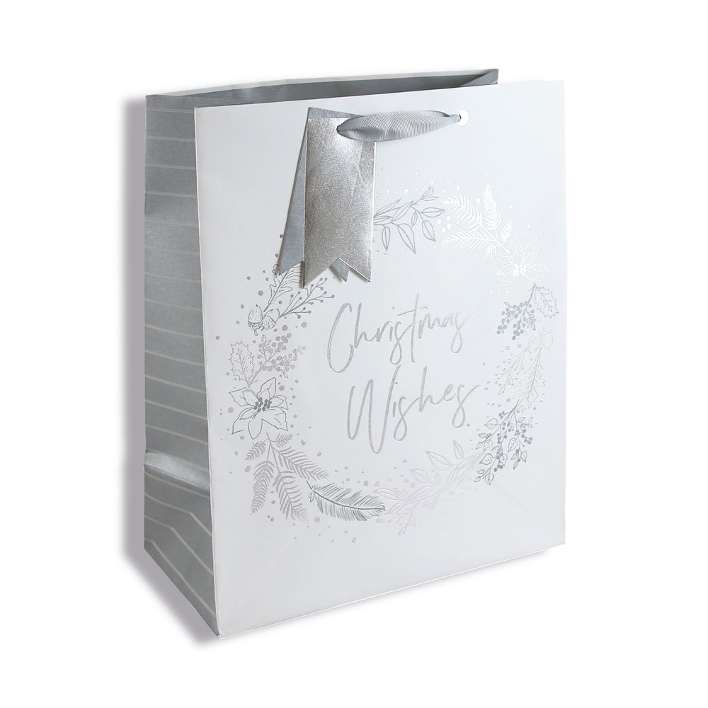 Eurowrap Gift Bag Silver Wreath Design Large (Pack of 12) X-31355-2C