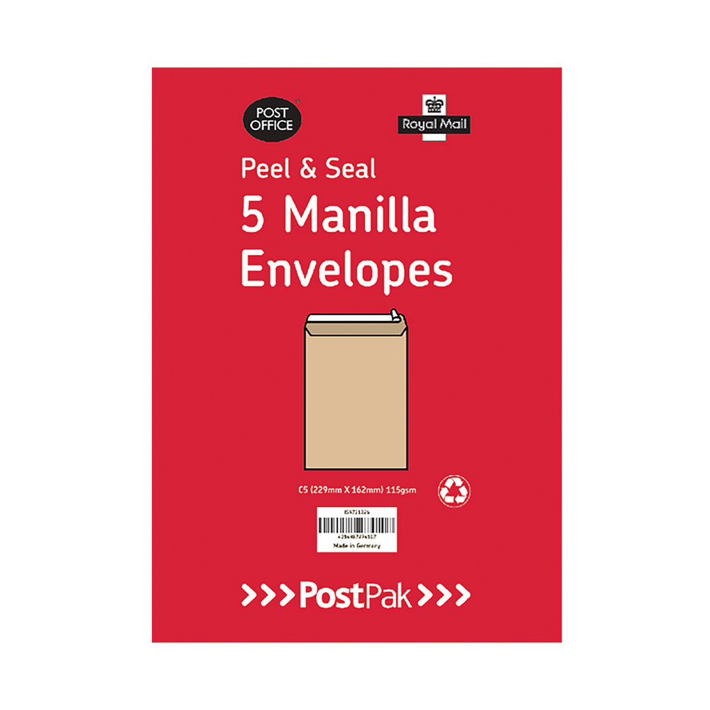 Postpak C4 Peel and Seal Manilla 115gsm 5 Envelopes (Packs of 40) 9731119