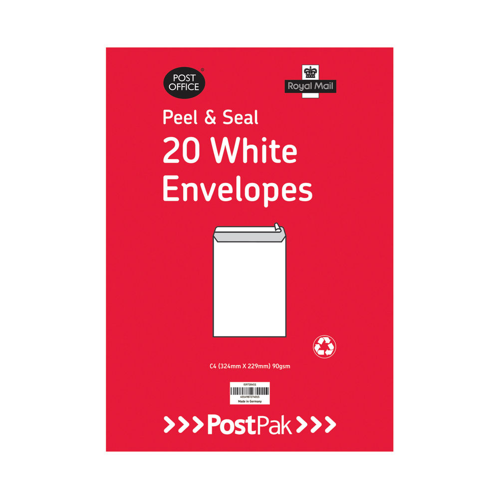 Postpak C4 Peel and Seal White 90gsm 20 Envelopes (Packs of 10) 9730451