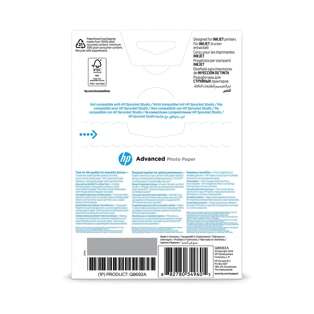 HP Advanced 100 x 150mm White Glossy Paper 250gsm (Pack of 100)