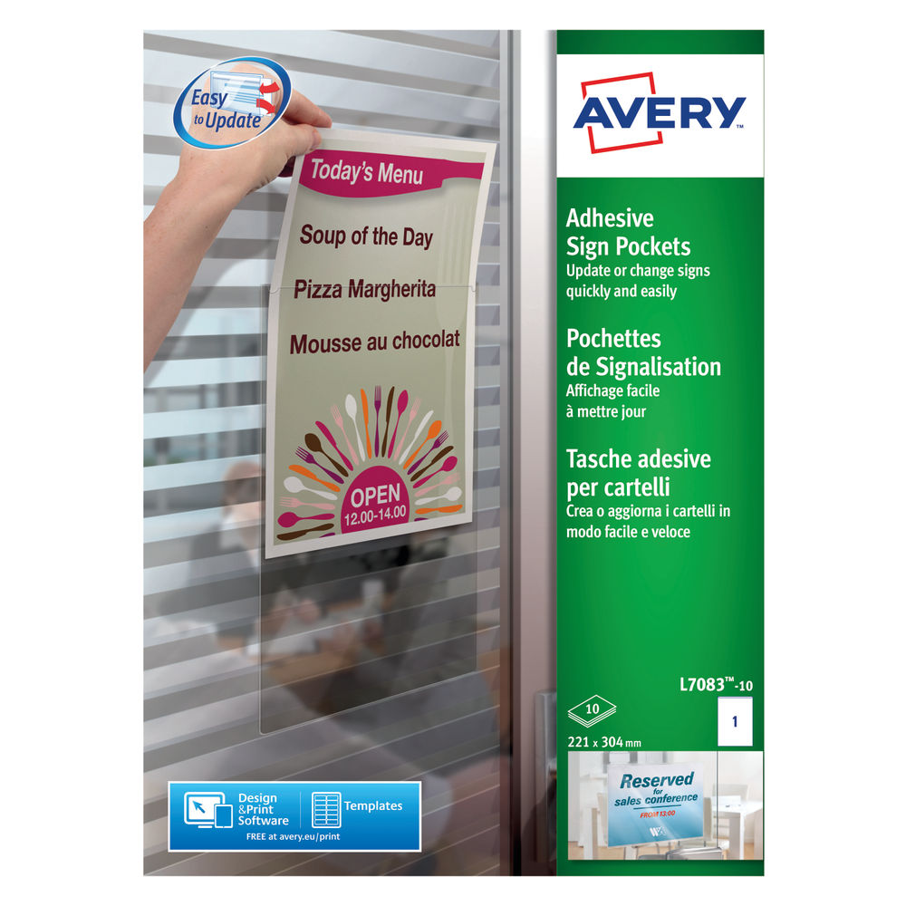 Avery Adhesive Sign Pockets A4 Transparent (Pack of 10) L7083-10