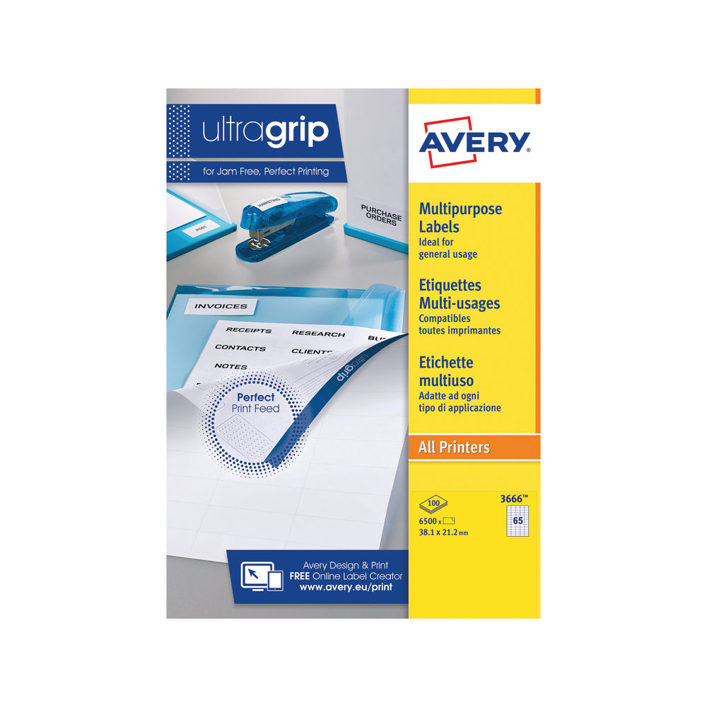 Avery Ultragrip Multi Labels 38.1x21.2mm 65 Per Sheet White (Pack of 6500) 3666