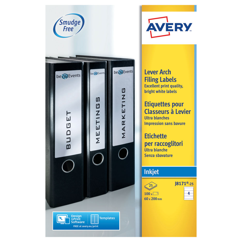 Avery Inkjet Lever Arch Filing Labels 4 Per Sheet (Pk 100) J8171-25