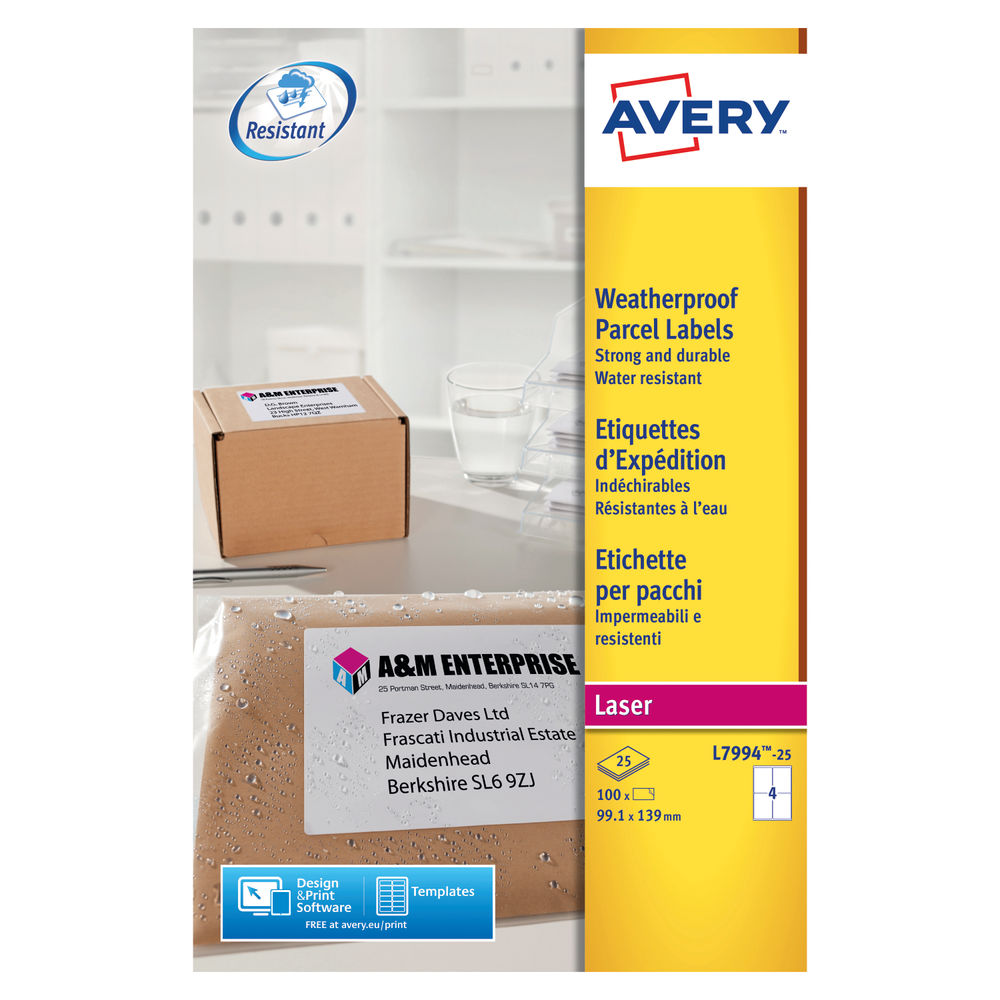 Avery Weatherproof Shipping Label 4 Per Sheet (Pack of 100) L7994-25