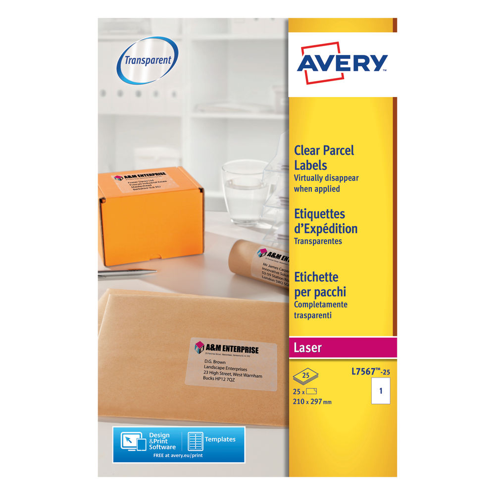 Avery 199.1 x 284.1mm Clear Laser Address Label (Pack of 25) - L7567-25