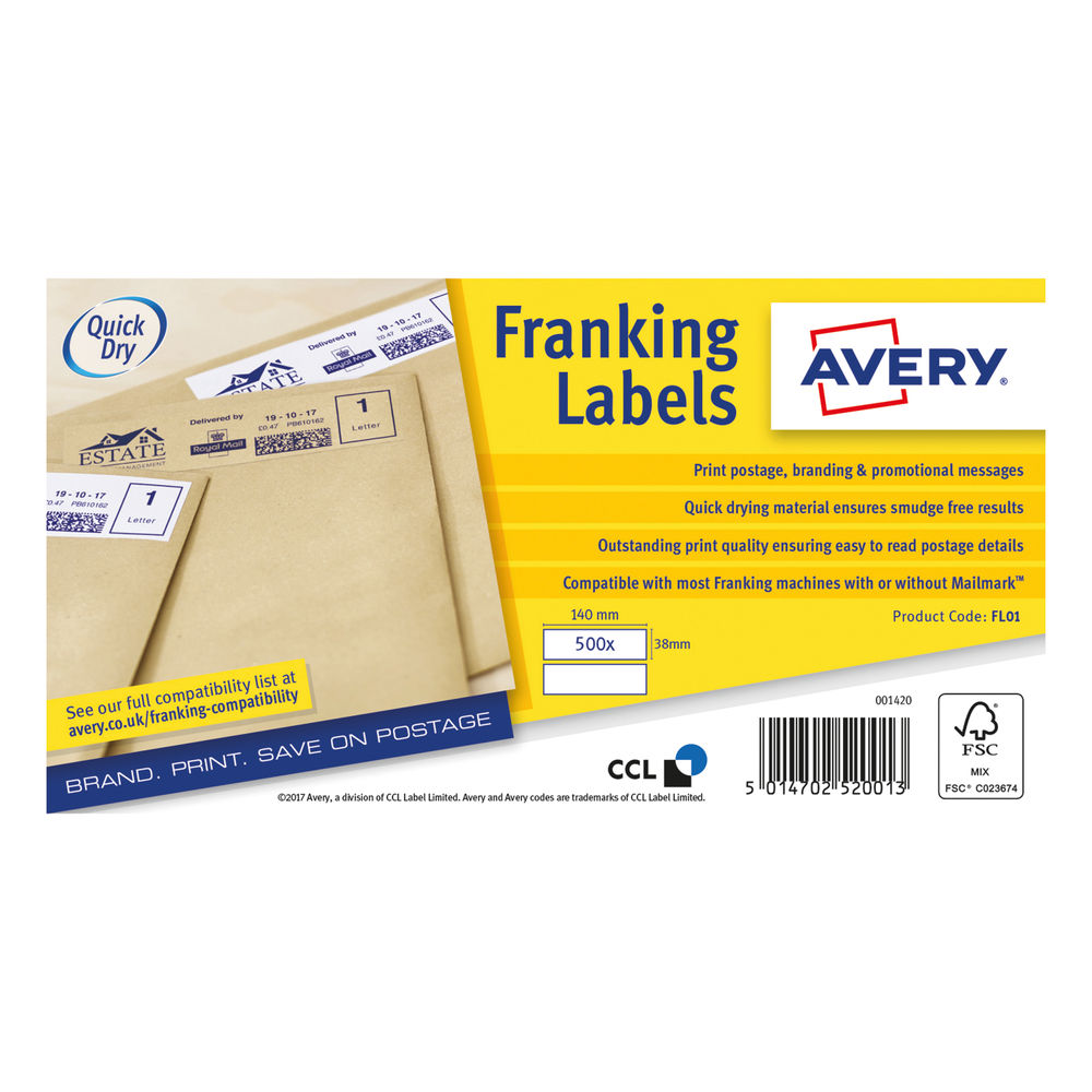 Avery 140mm x 38mm White Franking Label (Pack of 1000) - FL01