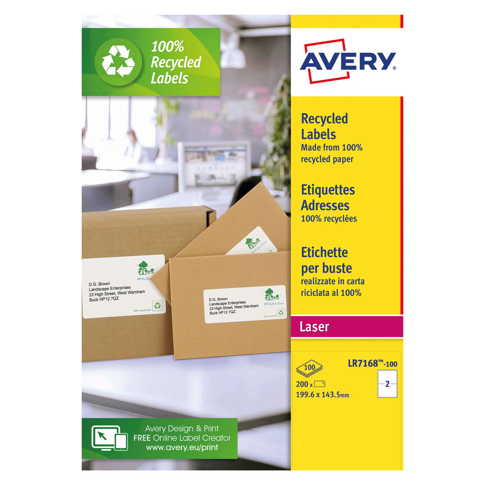 Avery Laser Labels Recycled 2 Per Sheet White (Pack of 200) LR7168-100