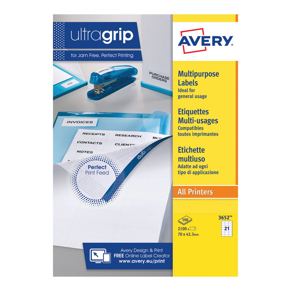 Avery Ultragrip Multi Labels 70 x 42.3mm 21 Per Sheet White (Pack of 2100) 3652