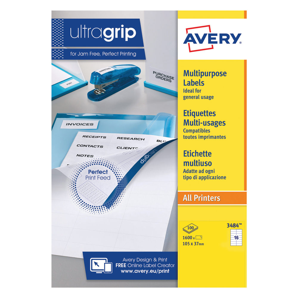 Avery Ultragrip Labels 105x37mm 16 Per Sheet Wht (Pack of 1600) DPS16-100