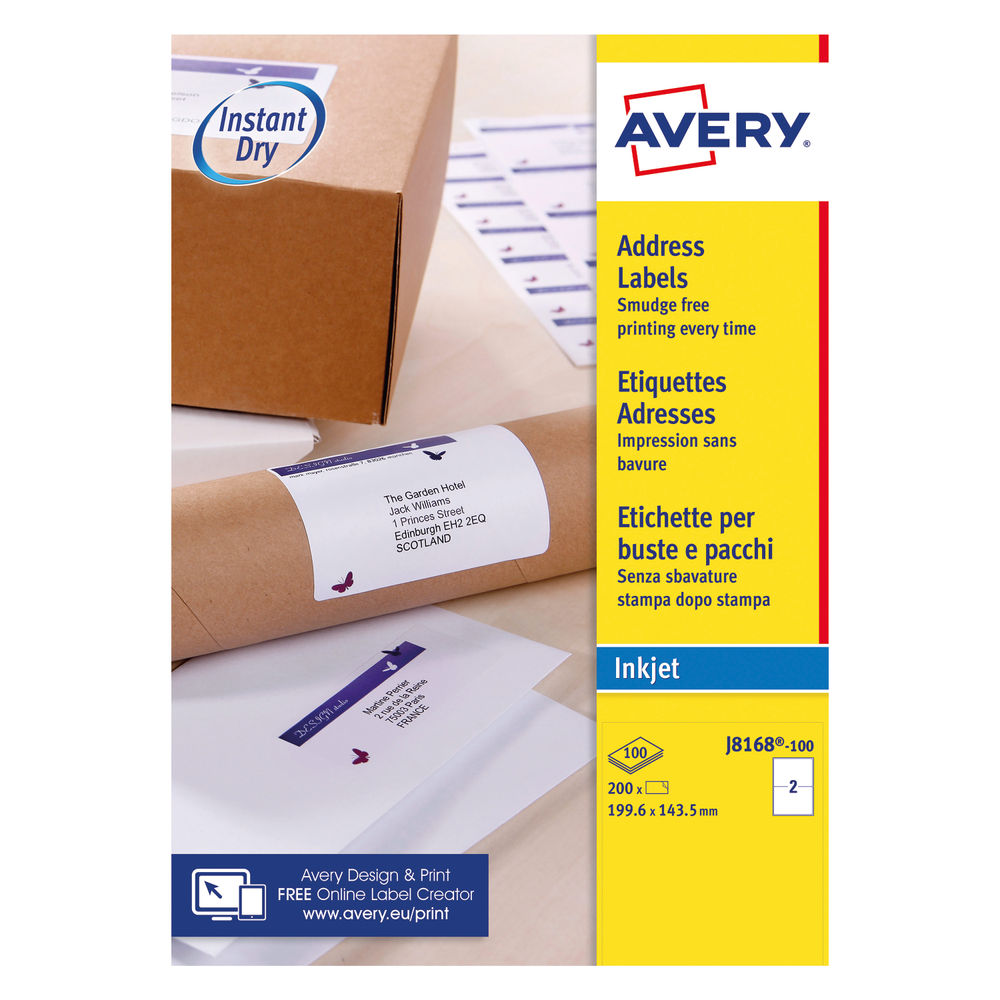 Avery Inkj Label 199.6x143.5mm 2 Per Sheet Wht (Pack of 200) J8168-100