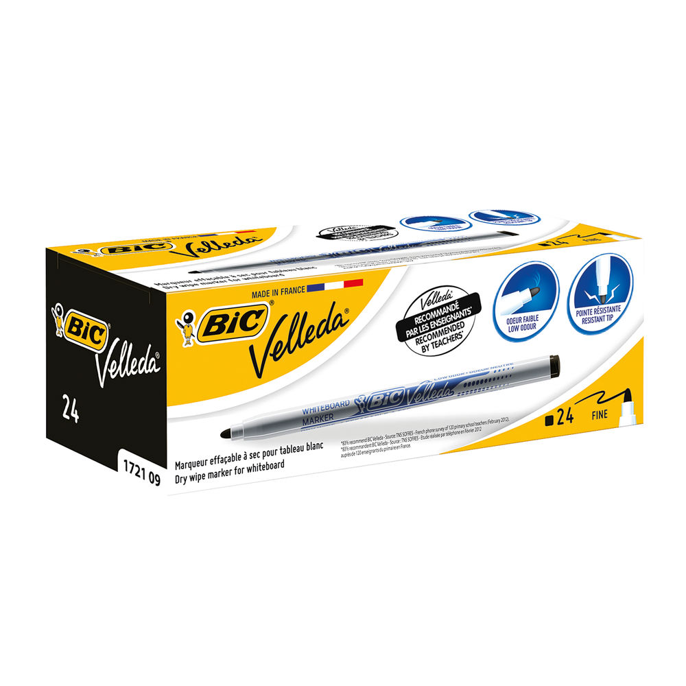 BIC Velleda 1721 Fine Black Whiteboard Markers, Pack of 24 | 841842