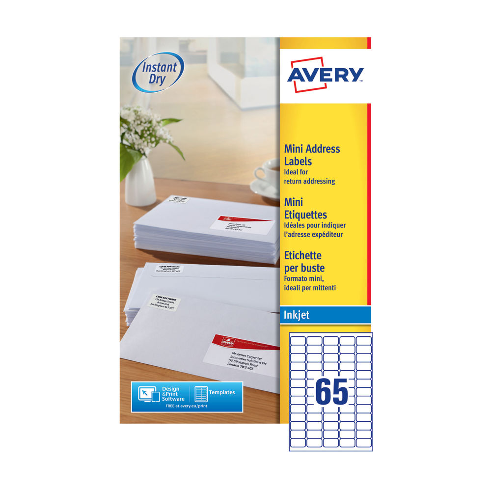 Avery Inkj Mini Label 38.1x21.2 65 P/Sheet Wht (Pack of 1625) J8651-25