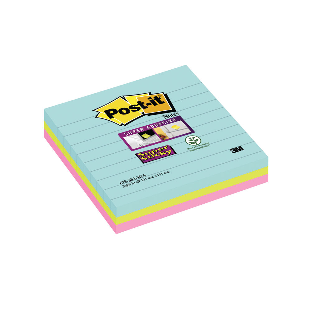 Post-it 101 x 101mm Miami Super Sticky XL Lined Notes, Pack of 3 | 675-SS3-MIA