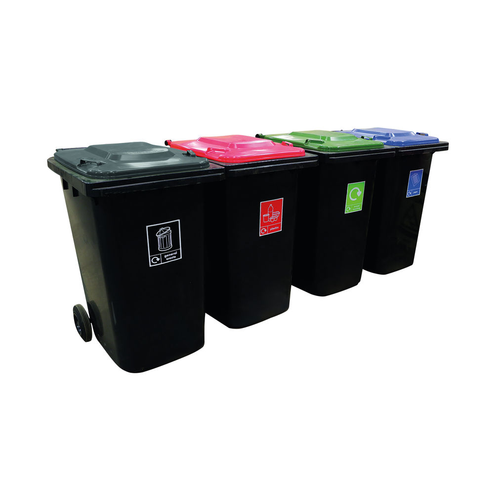 VFM Wheelie Bins 240L With Colour Coded Lids and Recycling Stickers (Set of 4) 426069