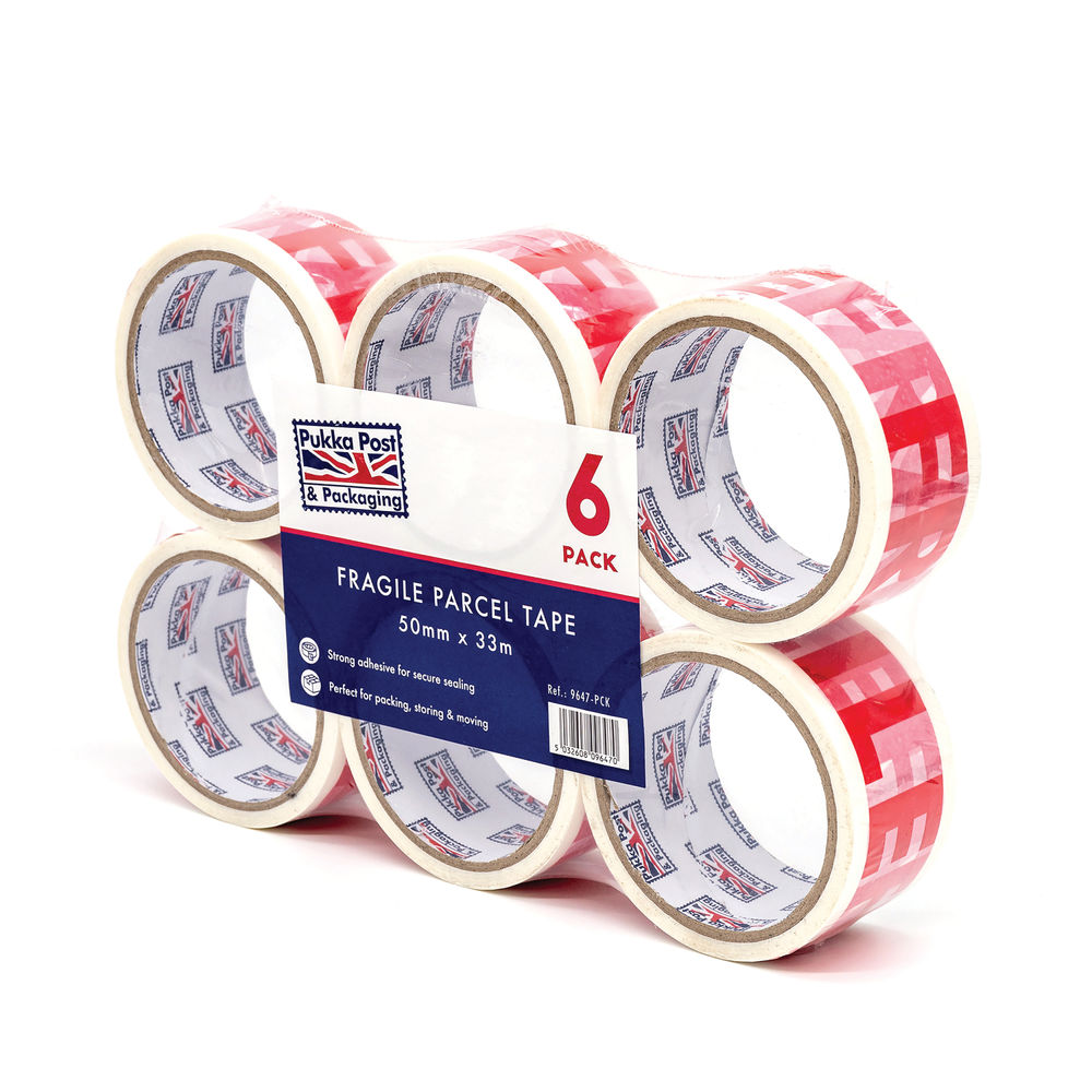 Pukka 50mm x 33m Fragile Parcel Tape (Pack of 6)