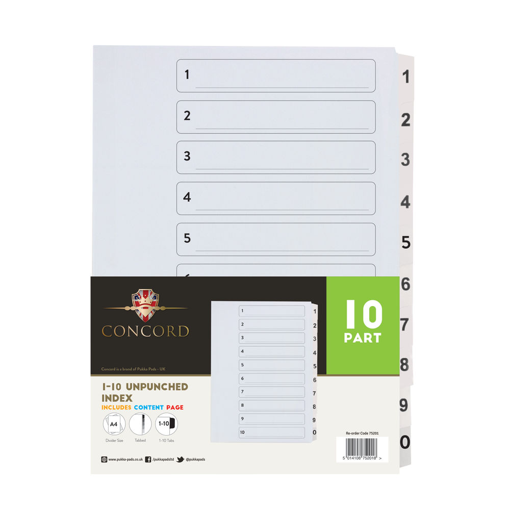 Concord A4 Unpunched Presentation 1-10 Index Dividers (Pack of 10)