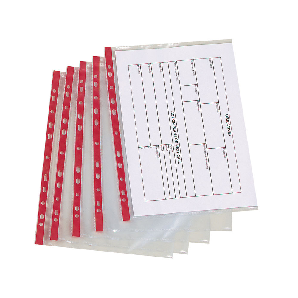 Q-Connect Delux A4 Red Strip Punched Pocket (Pack of 25)