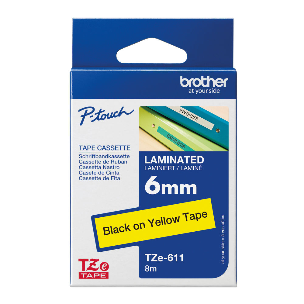 Brother P-Touch TZe Lam Tape Cassette 6mm x 8m Black on Yellow Tape TZE611