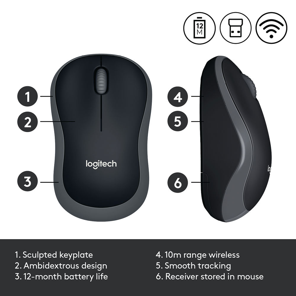 Logitech M185 Wireless Optical Mouse Ambidextrous Grey