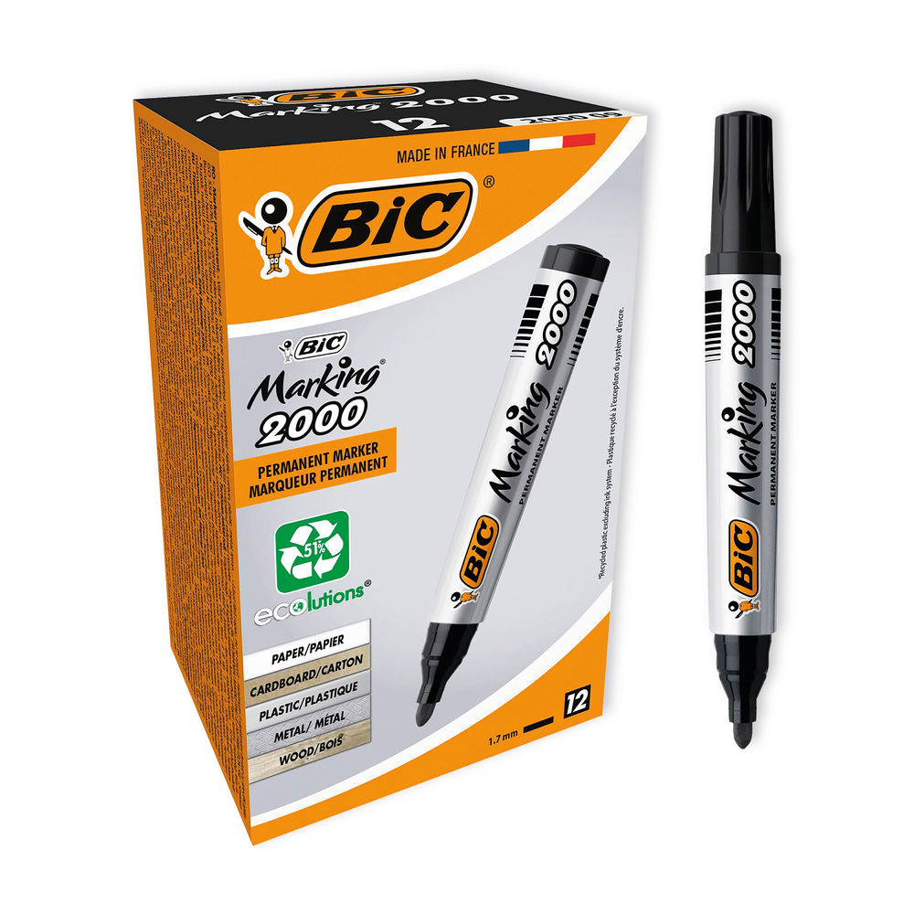 BIC 2000 Black Bullet Tip Permanent Marker Pens, Pack of 12 - 820915