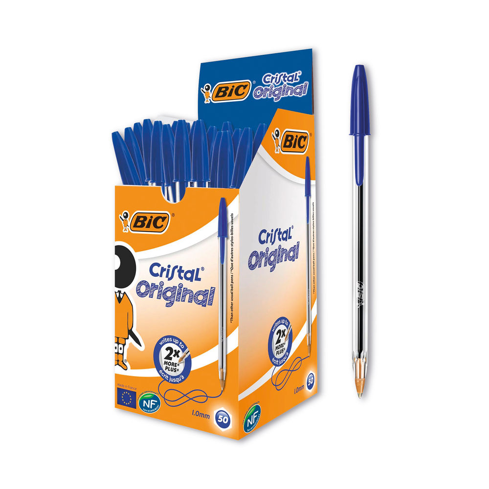 BIC Medium Blue Cristal Transparent Ballpoint Pens, Pack of 50 - 8373601