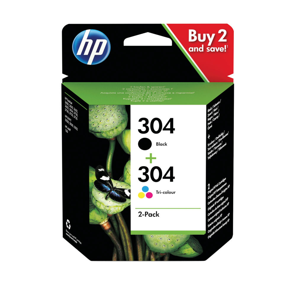 HP 304 Tri-colour Black Ink Cartridge Twin Pack  3JB05AE