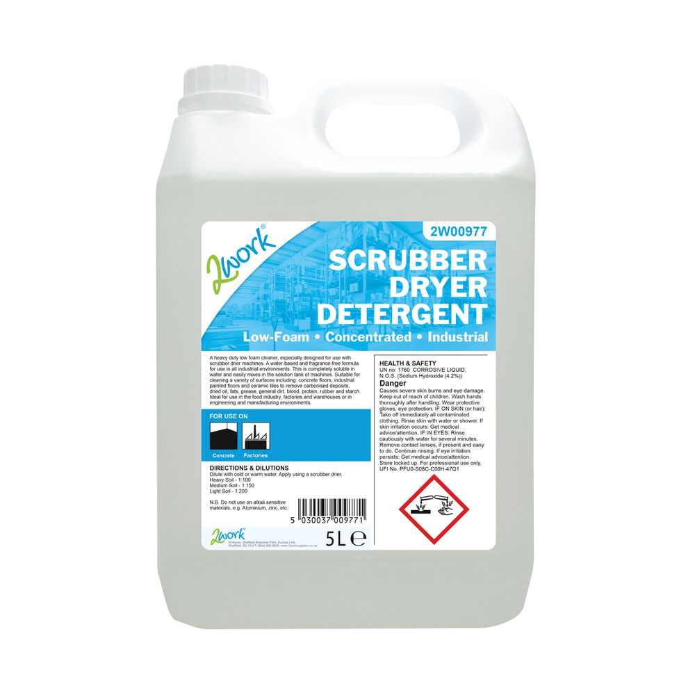 2Work Scrubber Dryer Detergent Low Foam Fragrance-Free 5 Litre