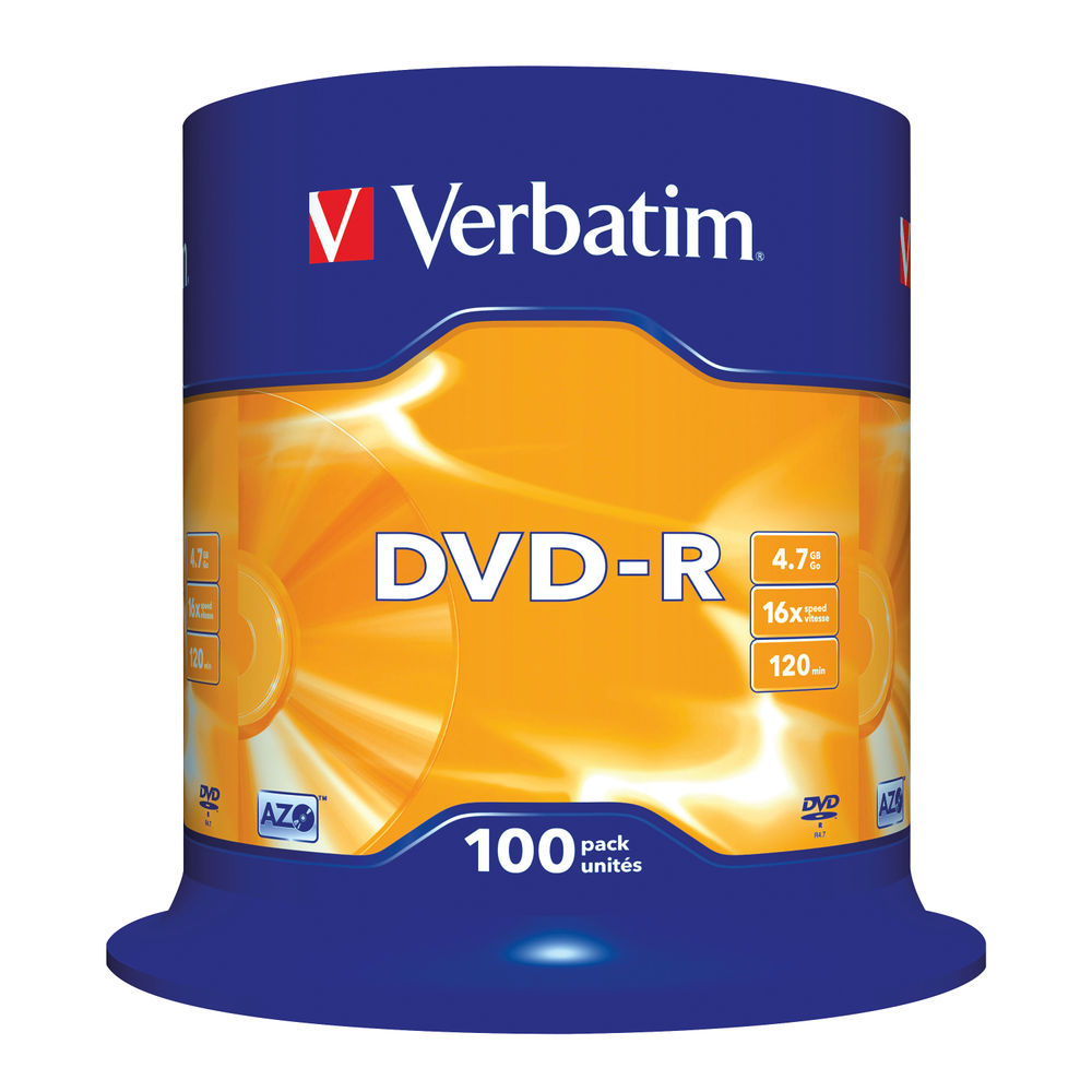 Verbatim 4.7GB 16x Speed DVD-R Spindle, Pack of 100 | 43549