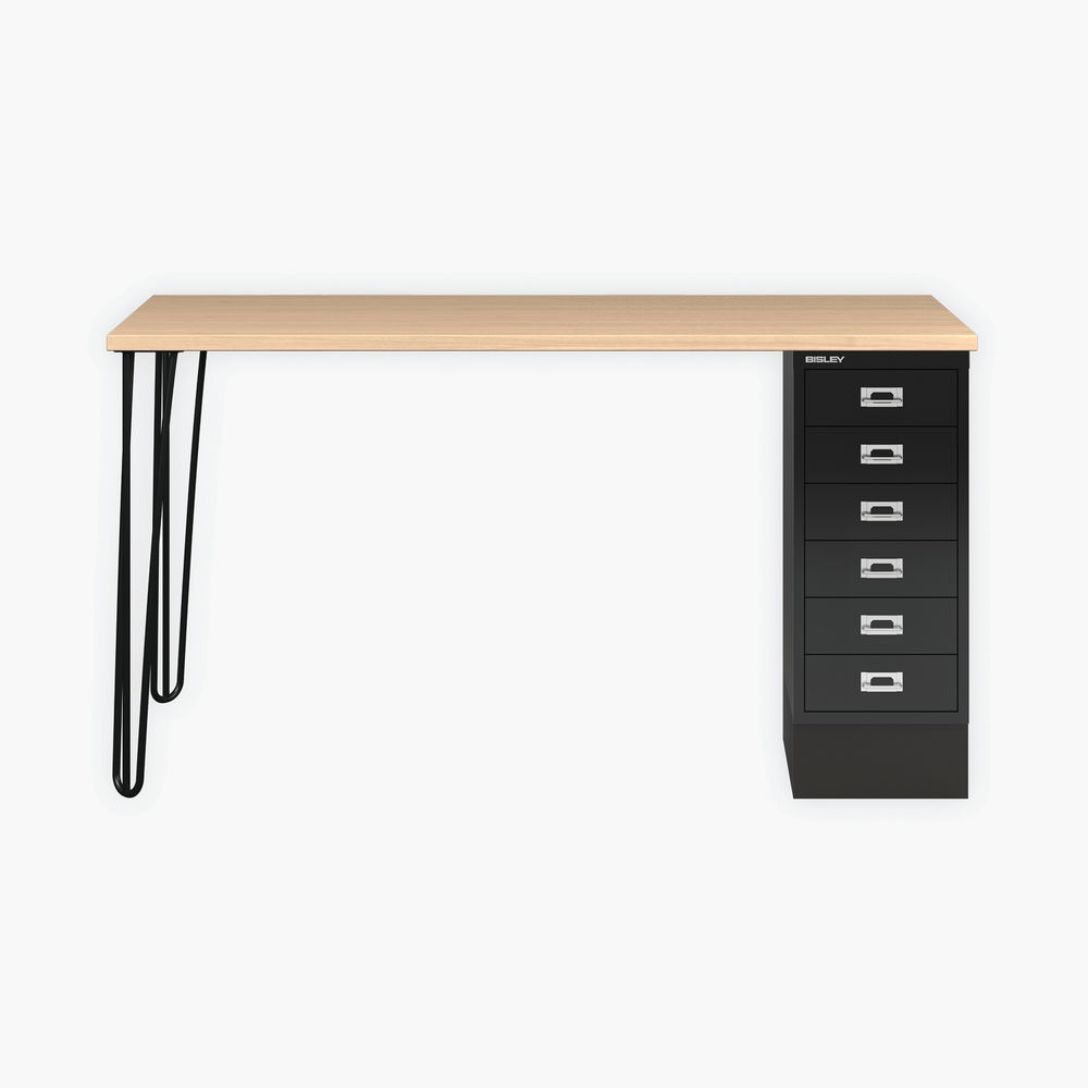 Bisley 6 Drawer Multidesk with Hairpin Legs 1400x600x735mm Oak Laminate/Black MDM142HLH296018av1
