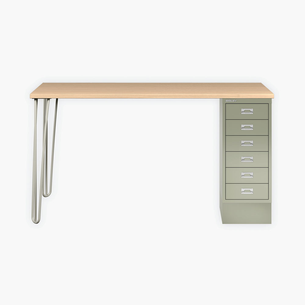Bisley 6 Drawer Multidesk Hairpin Legs 1400x600x735mm Oak Laminate/Goose Grey MDM142HLH296018av4