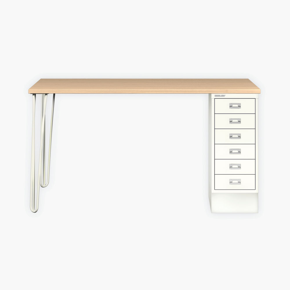 Bisley 6 Drawer Multidesk Hairpin Legs 1400x600x735mm Oak Laminate/Chalk White MDM142HLH296018ab9