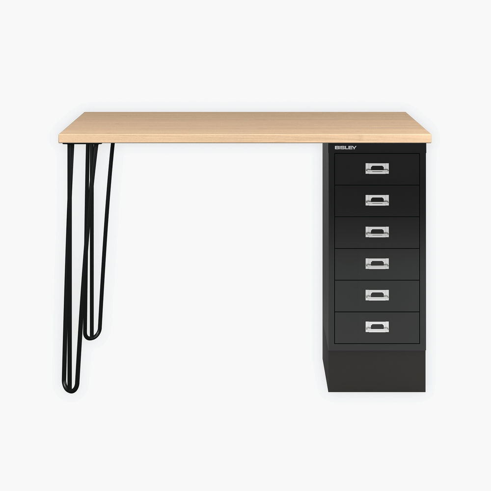 Bisley 6 Drawer Multidesk with Hairpin Legs 1050x600x735mm Oak Laminate/Black MDM102HLH296018av1