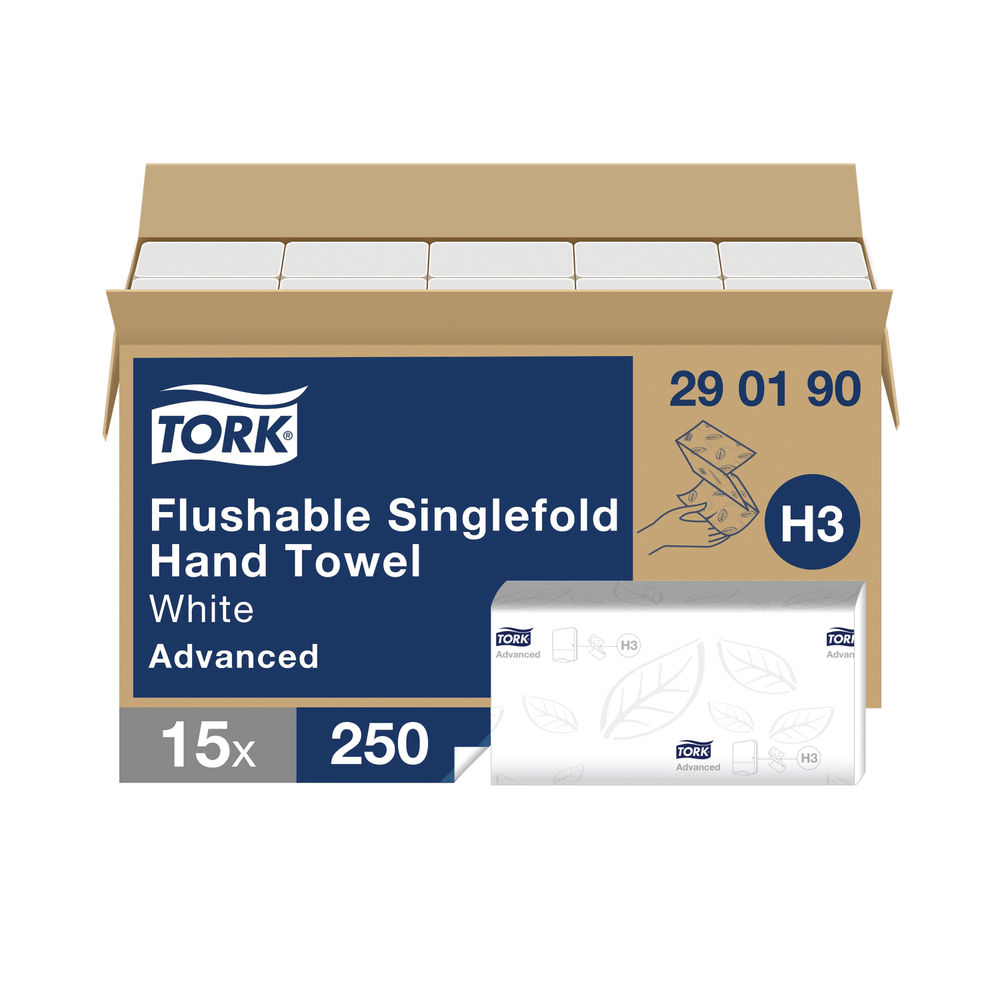 Tork Singlefold Hand Towel H3 Flushable White 250 Sheets (15 Pack) 290190