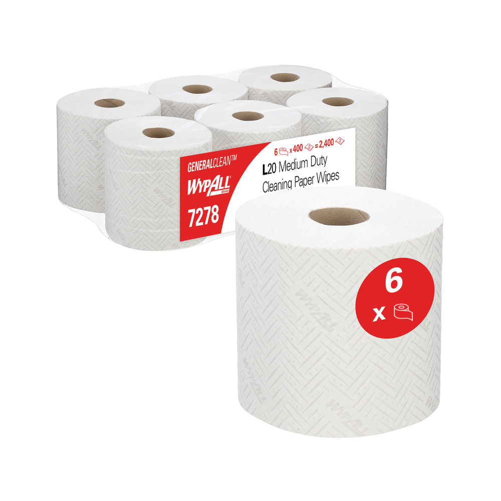 WypAll L20 7278 Paper Wipers 2-Ply Roll White (Pack of 6) 7278