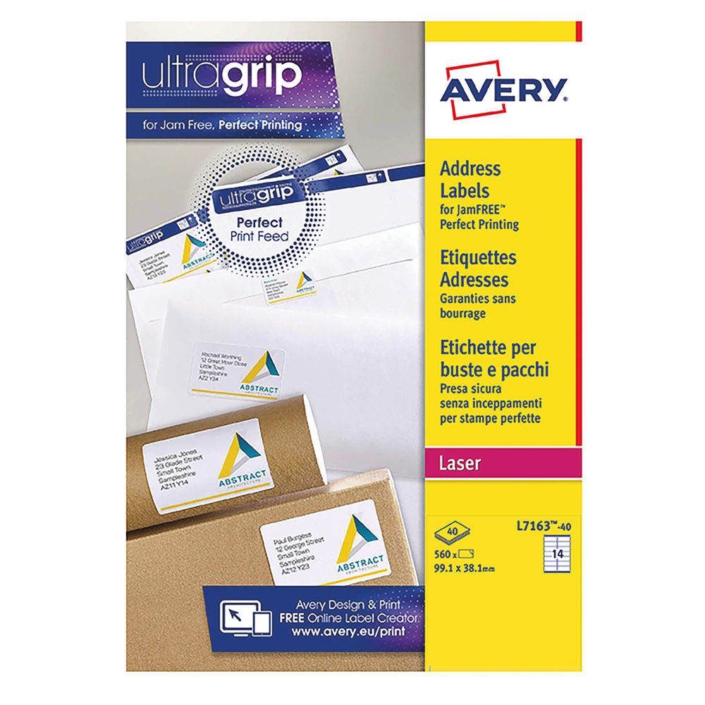 Avery Ultragrip Laser Address Labels QuickPEEL 99.1x38.1mm 14 Per Sheet White (560 Pack) L7163-40