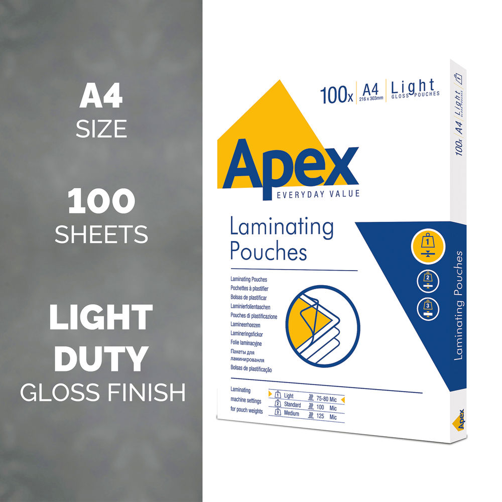 Fellowes Apex A4 Light Duty Laminating Pouches (Pack of 100)