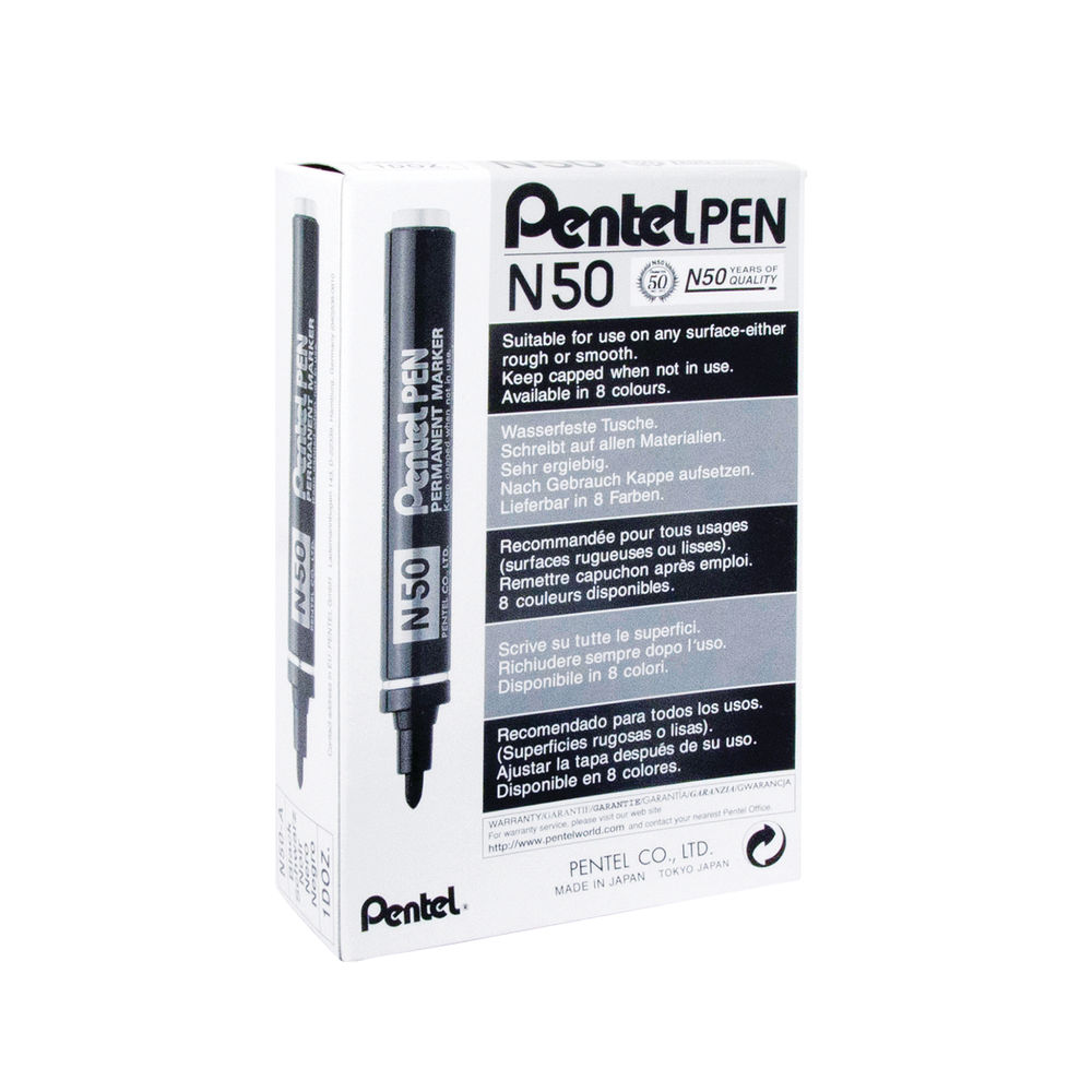 Pentel N50 Black Bullet Tip Permanent Markers, Pack of 12 | N50-A