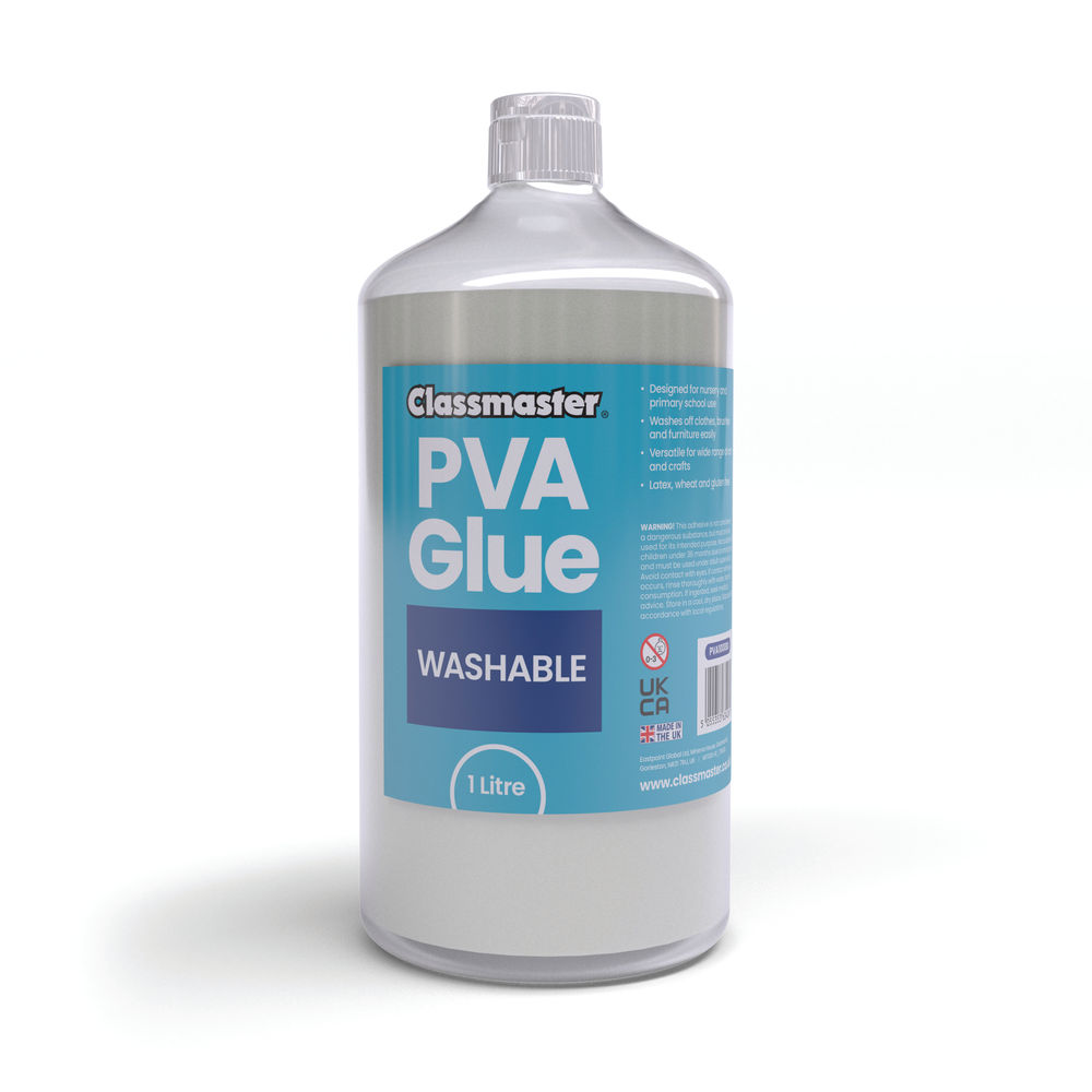 Classmaster White Washable Blue Label PVA Glue 1L Bottle with Screw Cap PVA1000BU